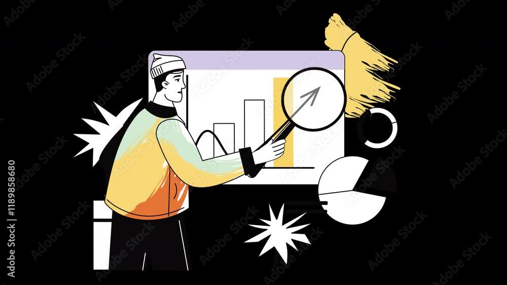 Poster a person presenting data with charts, showcasing insights in a vibrant and dynamic style.