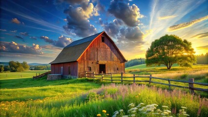 Obraz premium Idyllic Rural Scene: Classic Barn, Rolling Hills, Green Pasture, Countryside Landscape Photography