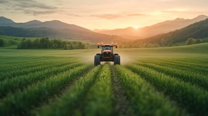 Fototapeta premium Tractor plowing fields at sunset rural landscape peaceful environment wide angle agricultural beauty