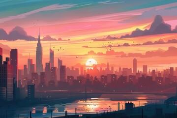 Naklejka premium A vibrant sunset over a city skyline with reflections on water, showcasing urban beauty.
