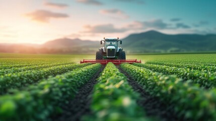 Tractor cultivating crops at sunset agricultural field scenic landscape rural environment wide-angle view farming practices