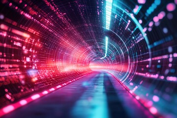 Obraz premium Digital Tunnel Lights Flow with Data Stream Visualization Rapidly