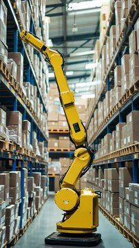 Robotic arm in action among stacked boxes in a modern warehouse during daylight hours