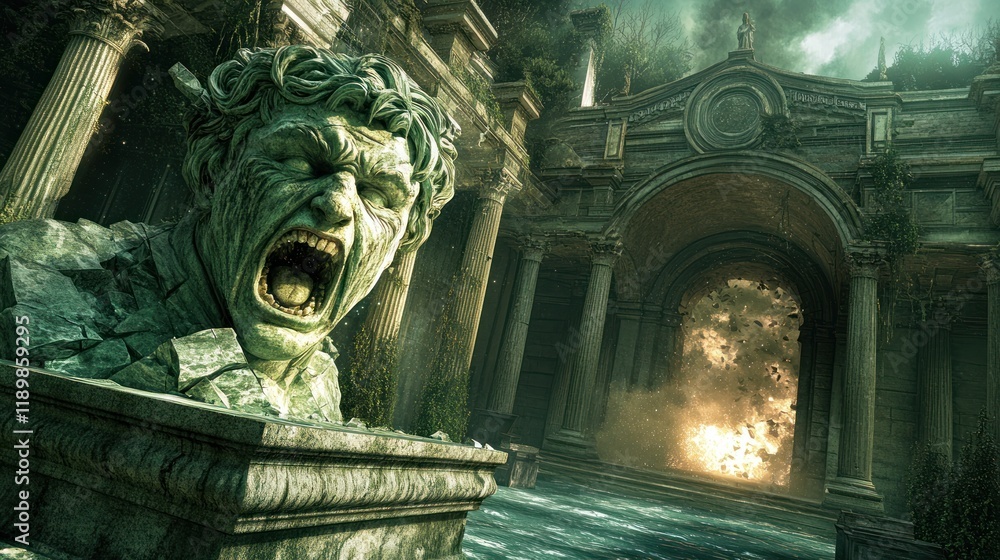 Aufkleber ancient statue in mystical ruins with explosive backdrop creating a sense of adventure