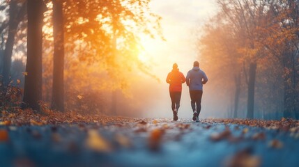 Autumn morning run park path lifestyle foggy environment back view healthy living concept