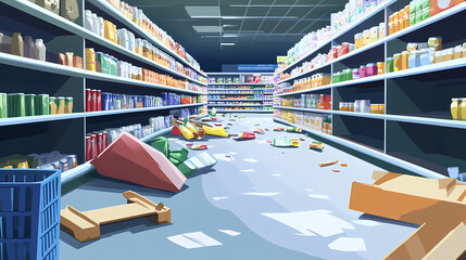 Fototapeta premium Empty grocery store aisle with spilled products, concept of shopping chaos, crisis, shortage. Shadowfall. Illustration