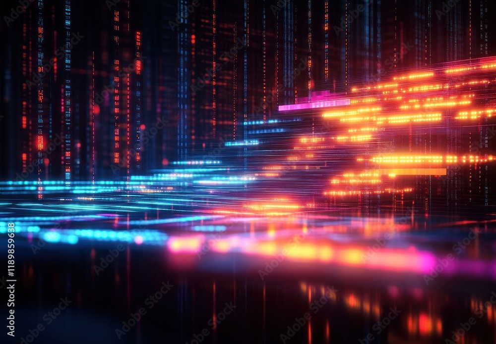 Aufkleber Dynamic Flow of Binary Code Abstract Cyberpunk Digital Art Vibrant Neon Technology Illustration