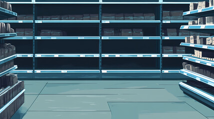 Empty supermarket shelves: social panic & product shortage stock photo. Shadowfall. Illustration