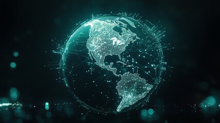 Obraz premium Digital Representation of a Glowing Globe Highlighting North and South America With Network Connections