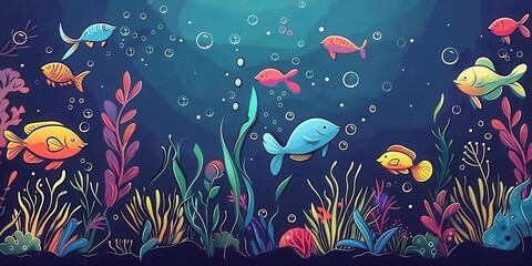 A vibrant underwater scene featuring colorful fish and aquatic plants amidst bubbles.