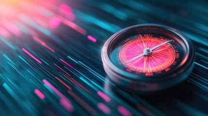 Navigating through a dynamic compass digital realm conceptual futuristic environment close-up shot