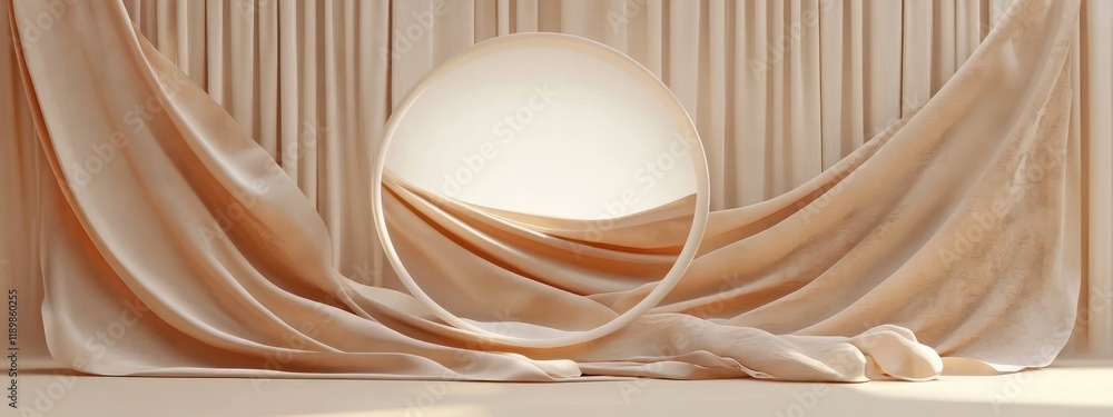 Poster minimalist 3d display with elegant fabric draped around circular frame for luxury beauty product pre