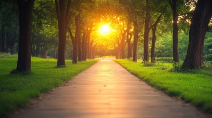 Fototapeta premium Sunrise walk through tree-lined pathway tranquil park landscape natural environment serene viewpoint