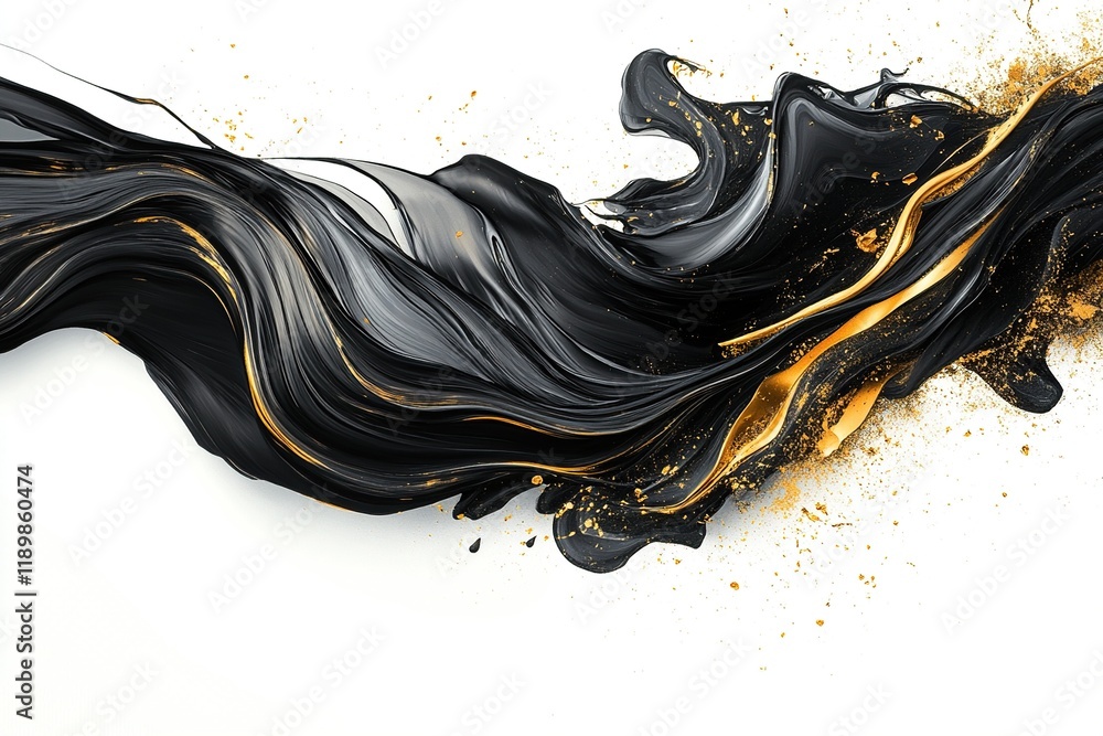 Aufkleber abstract black and gold paint swirls flow dynamically on white background, creating a luxurious and 
