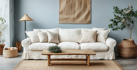 Bright Cozy Living Room with White Sofa and Wooden Furniture in Scandinavian Style