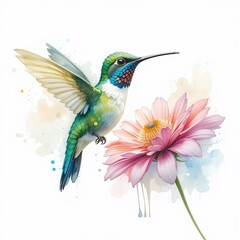 Vibrant Hummingbird near Pink Flower Watercolor Style Bird Painting Nature Art