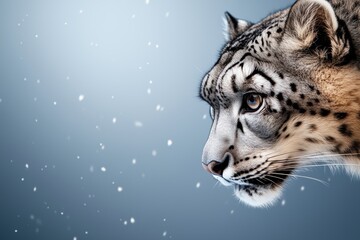 Close-up of a Snow Leopard in Winter Landscape with Snowfall
