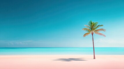 Obraz premium Serene beach scene with palm tree tropical coast calm waters panoramic view relaxation concept