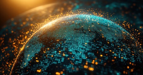 Futuristic Earth Globe Digital Landscape with Binary Code and Neon Lights