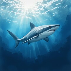 Fototapeta premium Majestic Great White Shark Underwater Ocean Wildlife Sunbeams Marine Life