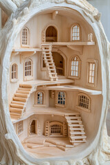 Artistic sculpture, A whimsical wooden sculpture depicting a tree house, showcasing intricate details and high fidelity, perfect for creative projects and nature-themed designs.