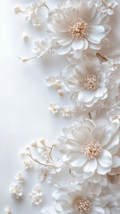 The image features a beautiful arrangement of white flowers with delicate petals and intricate stamens, set against a light, almost ethereal background