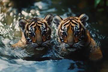 Fototapeta premium Tiger cub exploring the environment of its natural habitat. Tiger cub with a sweet look and wild innocence.