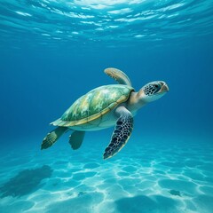 Obraz premium Majestic Green Sea Turtle Gracefully Swimming in Crystal Clear Ocean Water