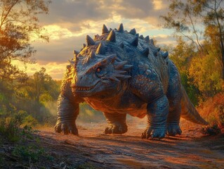 Fototapeta premium Colorful Sunset Encounter with a Dinosaur on a Serene Forest Path