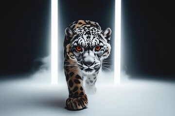 Snow Leopard with glowing blue eyes walking through a dark room with bright white light beams