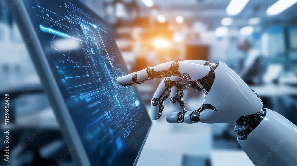 Poster robotic hand interacting with touch screen technology in a modern workspace setting