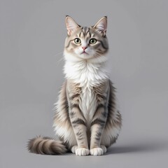 Fototapeta premium Adorable Grey Tabby Cat Sitting Fluffy Fur Long Hair Pet Portrait Studio Shot