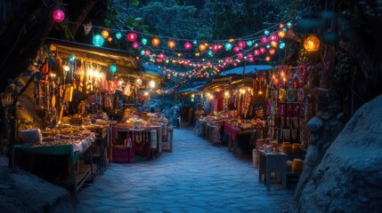 Obraz premium Night market, canyon path, colorful lanterns, artisan crafts, tourism