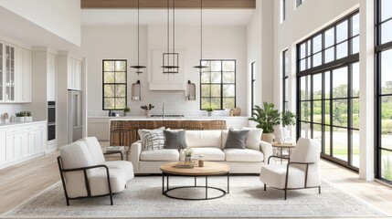 Sophisticated home living room featuring a relaxing area and a mock-up wall, complemented by a large window that brings in natural light and enhances the spacious atmosphere.