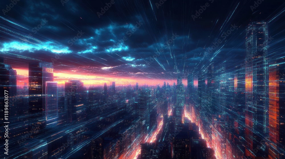 Poster futuristic cityscape with neon light trails and dynamic perspective in cyberpunk style