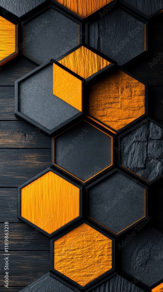Poster modern hexagonal pattern with textured orange and black tiles on wooden background