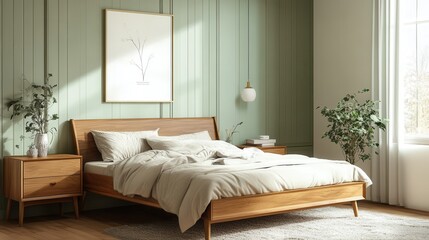 Sophisticated modern bedroom featuring a wooden bed with matching nightstands, complemented by light green wall paneling and a white poster on the wall.