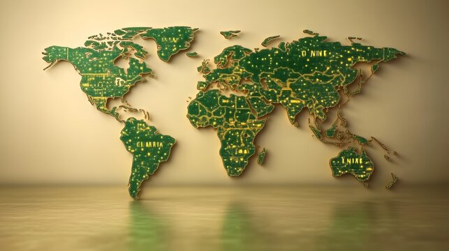 World map circuit board design, global network concept.