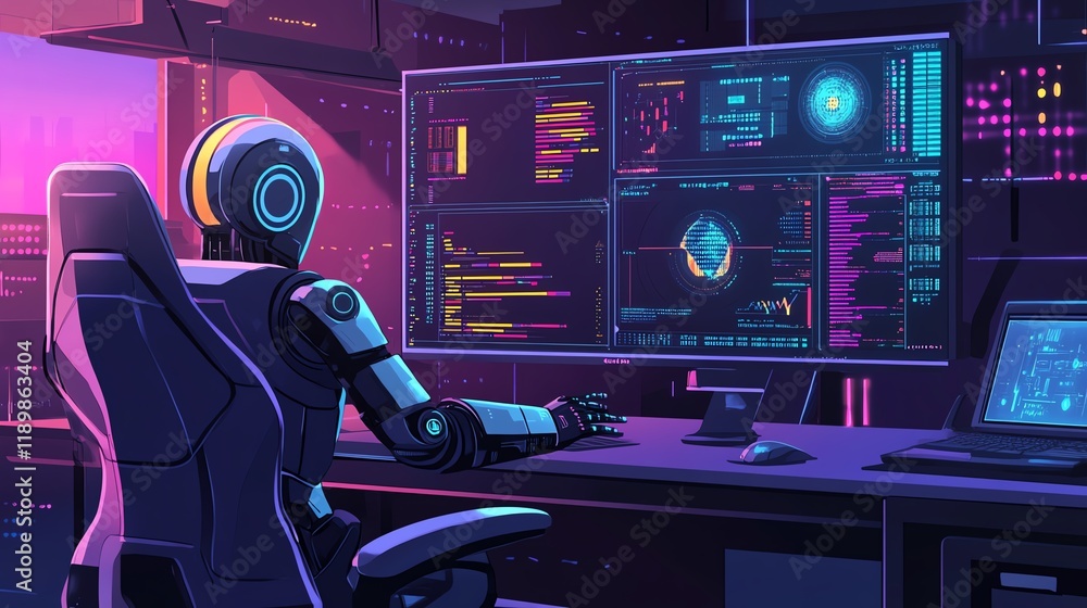 Poster robot programmer analyzes data on multiple screens in a futuristic workspace during nighttime