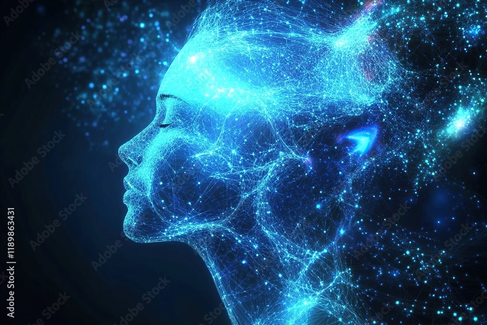 Poster digital face network glows brightly and seamlessly connects, abstract data flow.