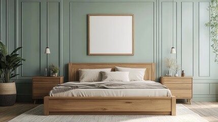 Sophisticated modern bedroom featuring a wooden bed with matching nightstands, complemented by light green wall paneling and a white poster on the wall.