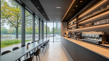 Stylish cafeteria interior featuring a sleek bar counter and organized shelf, complemented by a panoramic window that enhances the space with natural light and views.