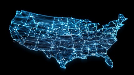 Obraz premium Detailed Depiction of a Digital Map Showing Interconnected Cities and Data Flow Across the United States at Night