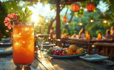 Young friends enjoying tropical cocktails at garden party on sunny day - Vibrant summer lifestyle with diverse group celebrating with fresh drinks and fruits by the pool