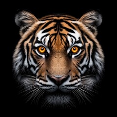 Fototapeta premium Majestic close-up of a tiger's face with sharp details, amber eyes standing out against a black background