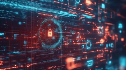 The image depicts a hacker attack scenario with a cybersecurity hologram and lock icons, highlighting the critical need for advanced security measures and vigilance in protecting digital systems.