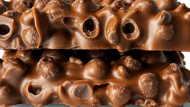 Chocolate bars made with crunchy ingredients are stacked together showcasing a delicious treat perfect for snacking