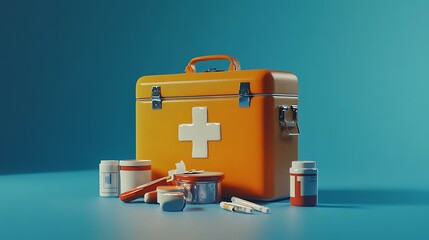 First aid kit with pills and bottles on a blue background.
