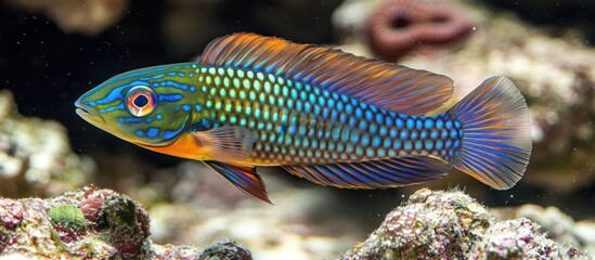 Vibrant, colorful reef fish swimming in a coral reef tank.