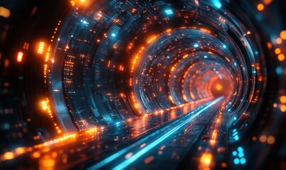 Naklejka premium Vibrant Sci-Fi Tunnel with Glowing Lines and Dynamic Motion Blur in Digital Abstract Art